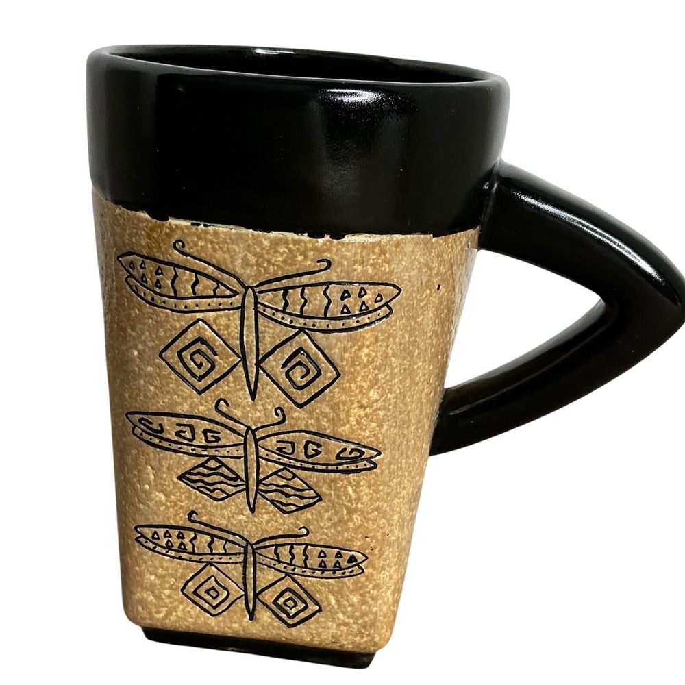 Laurel Burch Dragonfly Mug‎ Signed Studio Art Pottery Black Tan Coffee Cup